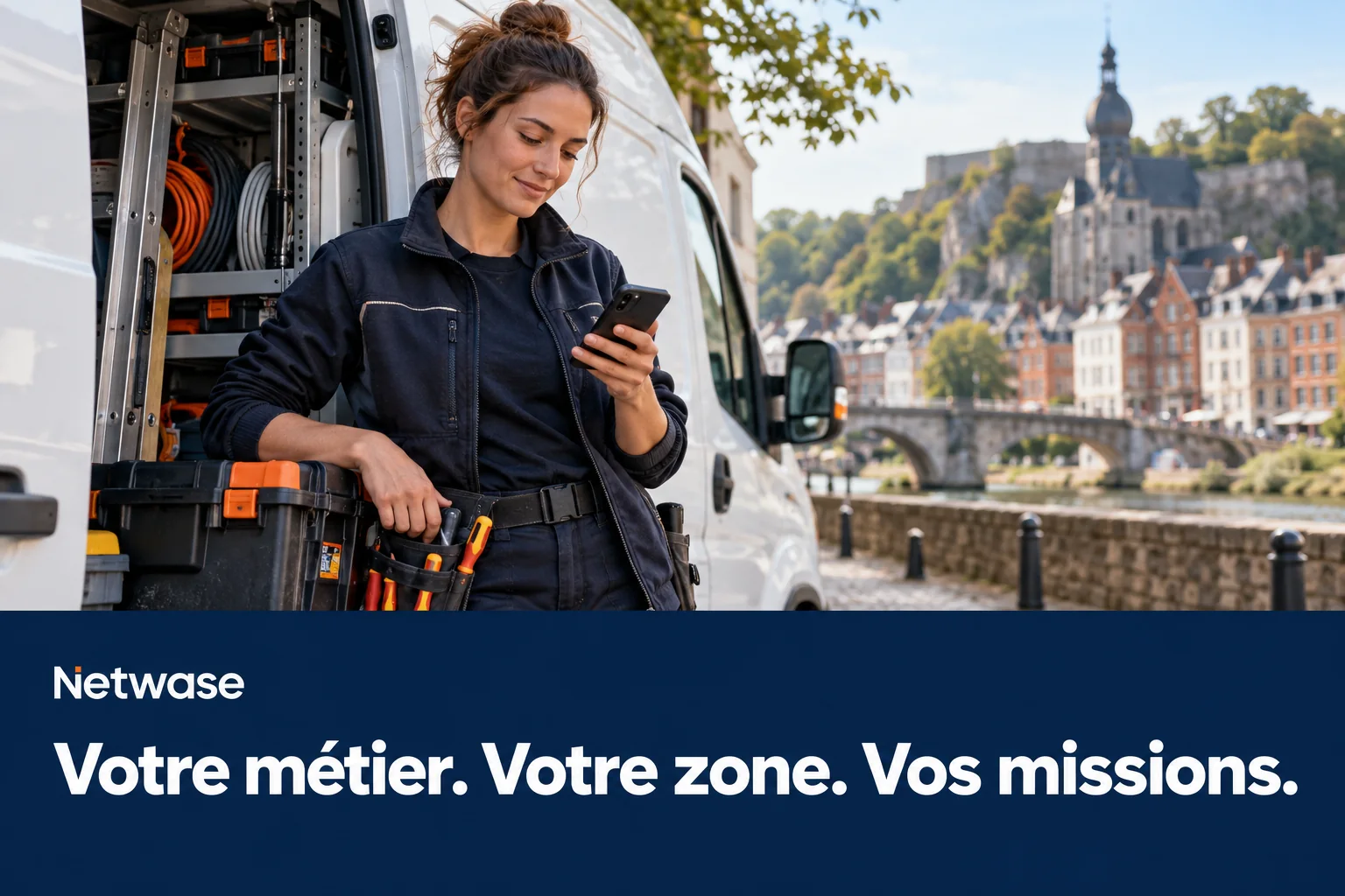 Électricienne consultant son téléphone près de son utilitaire. Votre métier. Votre zone. Vos missions.