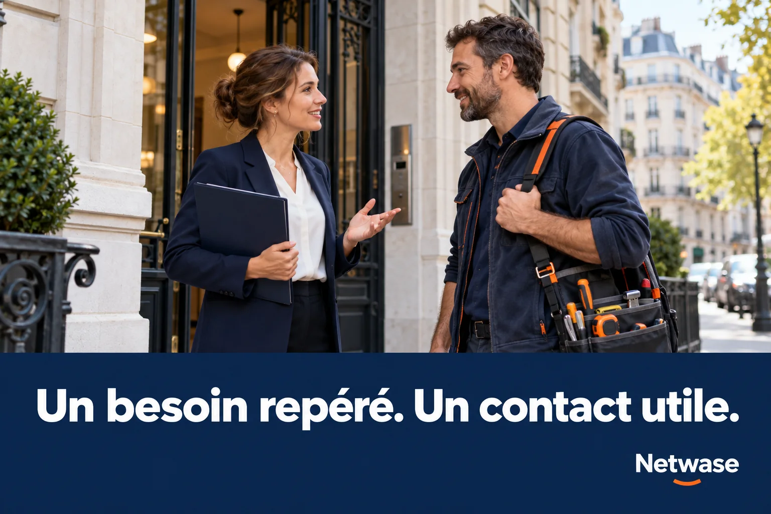 Gestionnaire et artisan devant un immeuble. Un besoin repéré. Un contact utile.