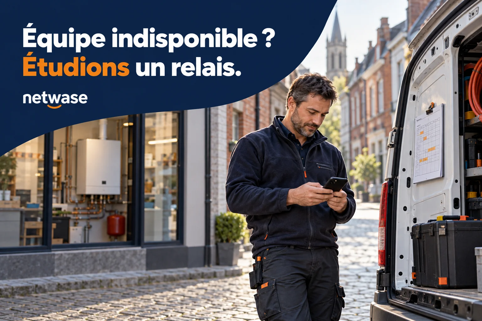 Chauffagiste consultant son planning près de son utilitaire. Texte : Équipe indisponible ? Étudions un relais.