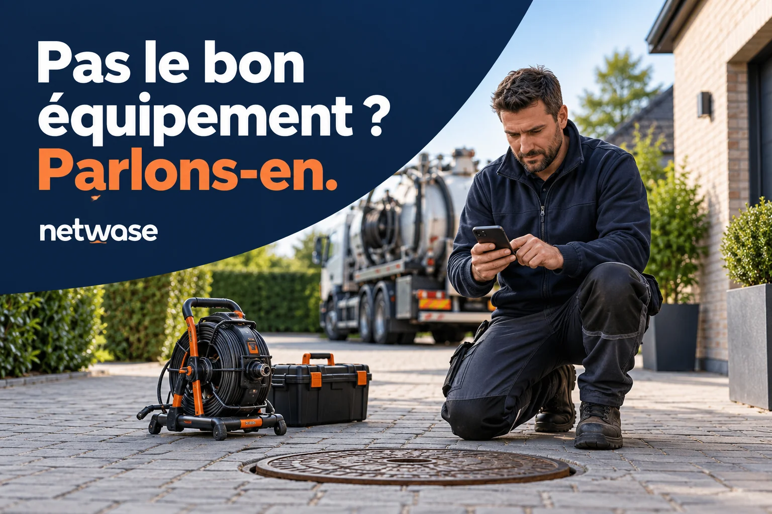 Déboucheur consultant son téléphone près d’un regard fermé. Texte : Pas le bon équipement ? Parlons-en.