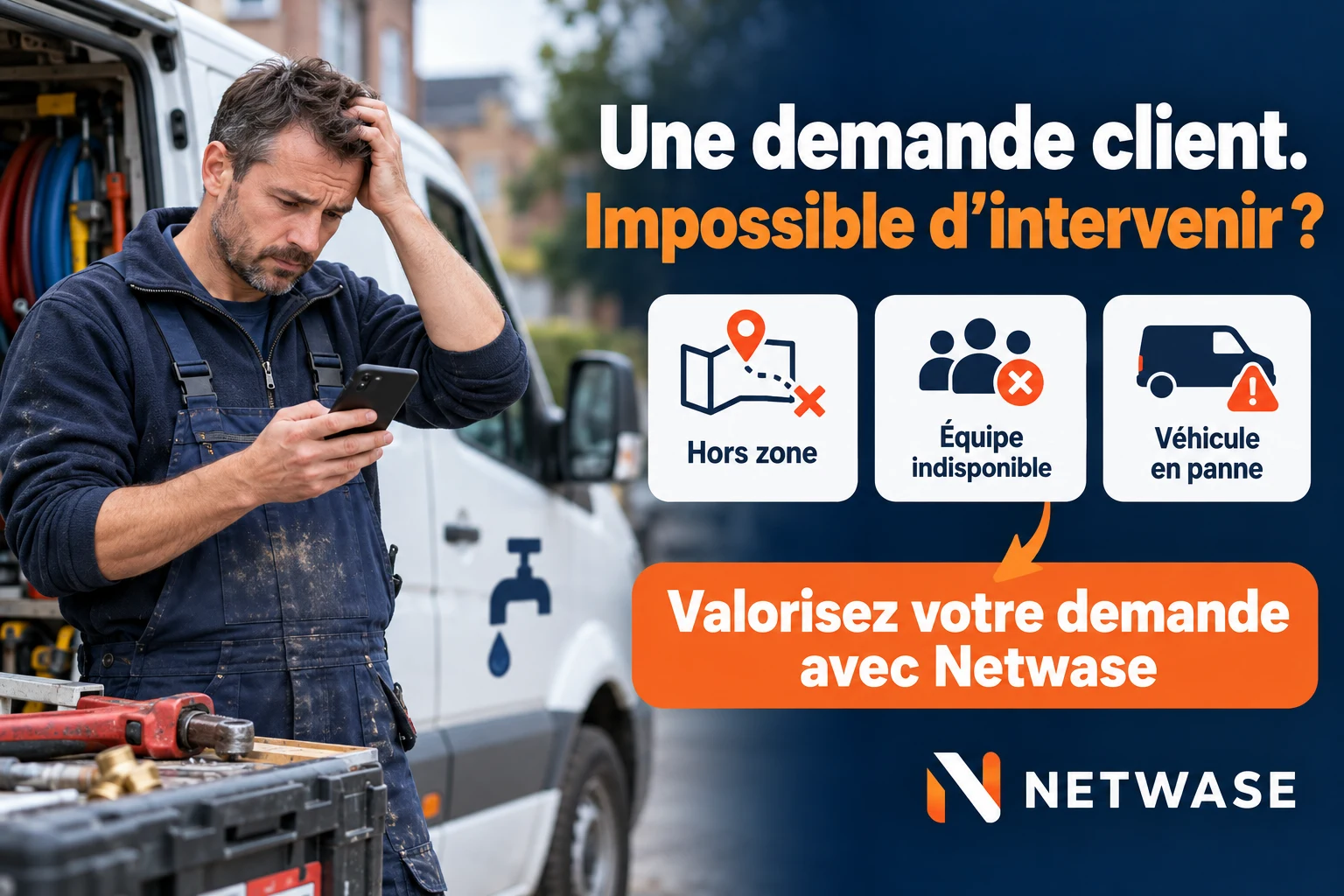 Artisan près de son véhicule. Une demande client. Impossible d’intervenir ? Hors zone, équipe indisponible, véhicule en panne. Valorisez votre demande avec Netwase.