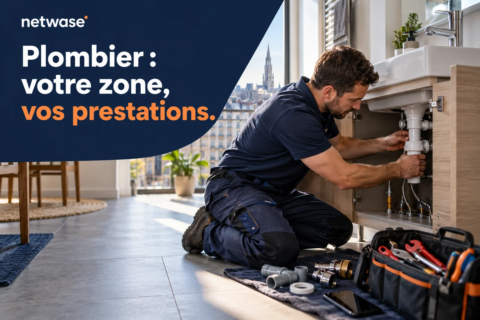 Plombier travaillant sur une installation sanitaire. Texte : Plombier : votre zone, vos prestations.