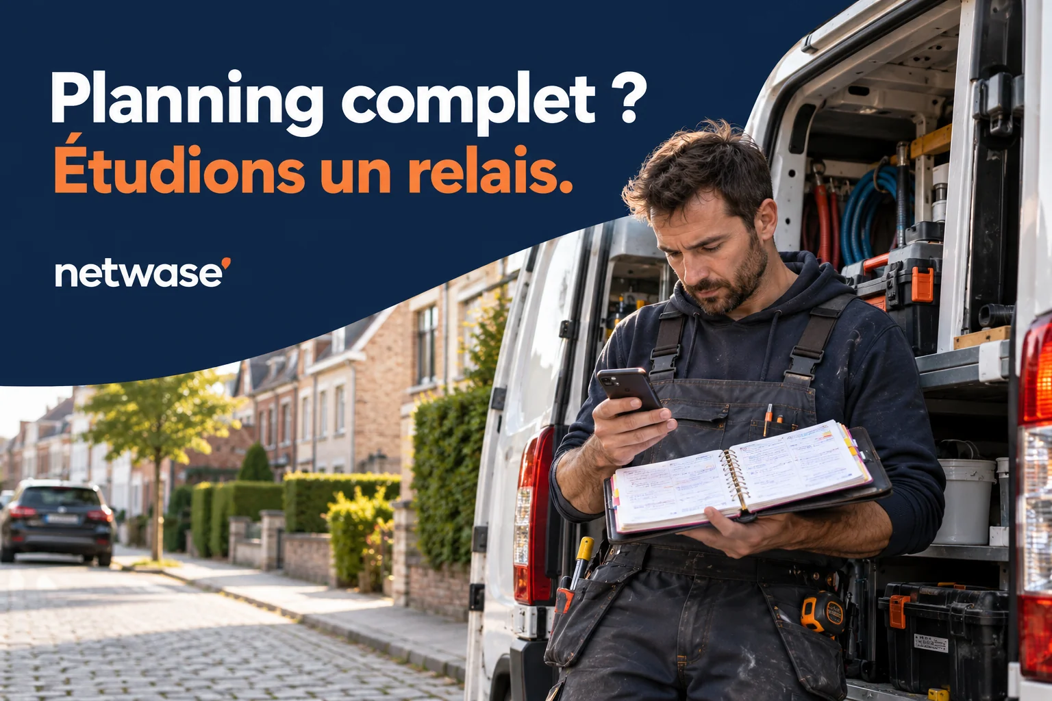 Plombier consultant son planning près de son utilitaire. Texte : Planning complet ? Étudions un relais.