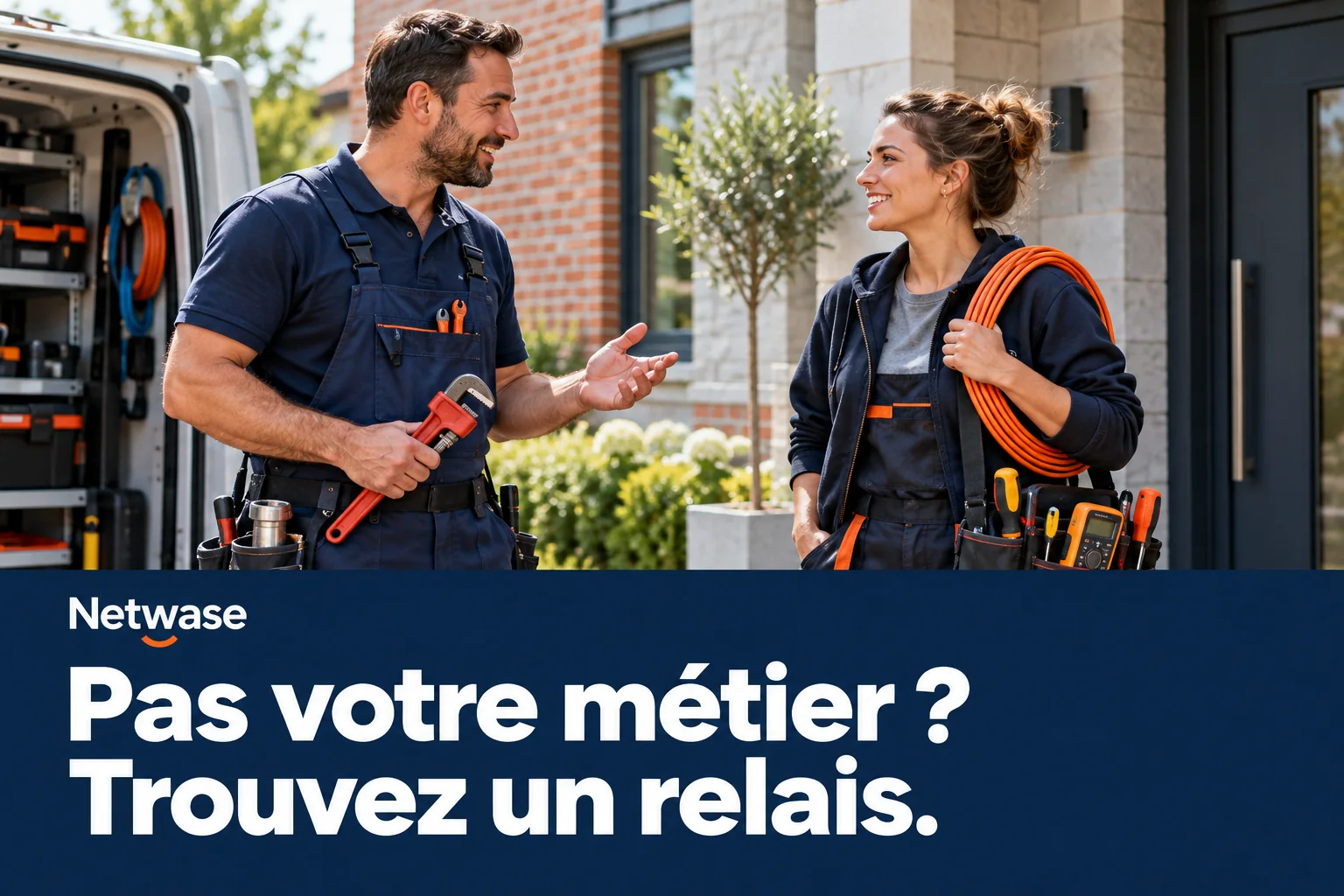Plombier et électricienne échangeant devant une habitation. Pas votre métier ? Trouvez un relais.